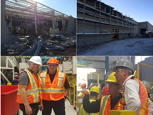 Top L-R: The day after the destruction and two weeks later; Bottom L-R; Kautex Windsor employees back at work 6 days after the tornado; Steve Phillips, Director, Operators, shows CEO Joerg Rautenstrauch the extent of the damage.