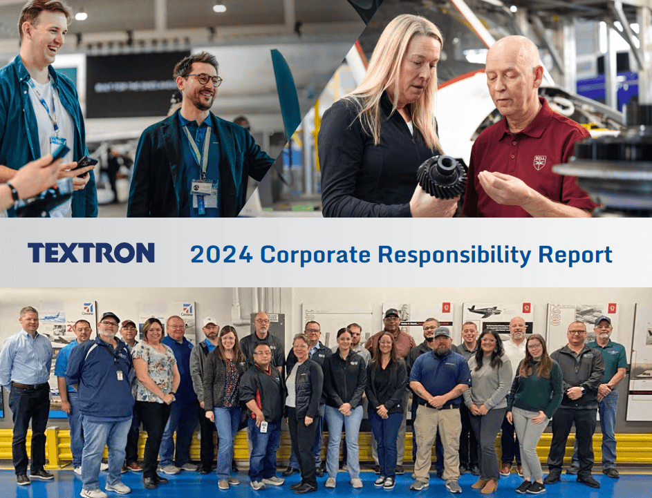 Employees conversing and posing for picture, with "Textron 2024 Corporate Responsibility Report" written across.